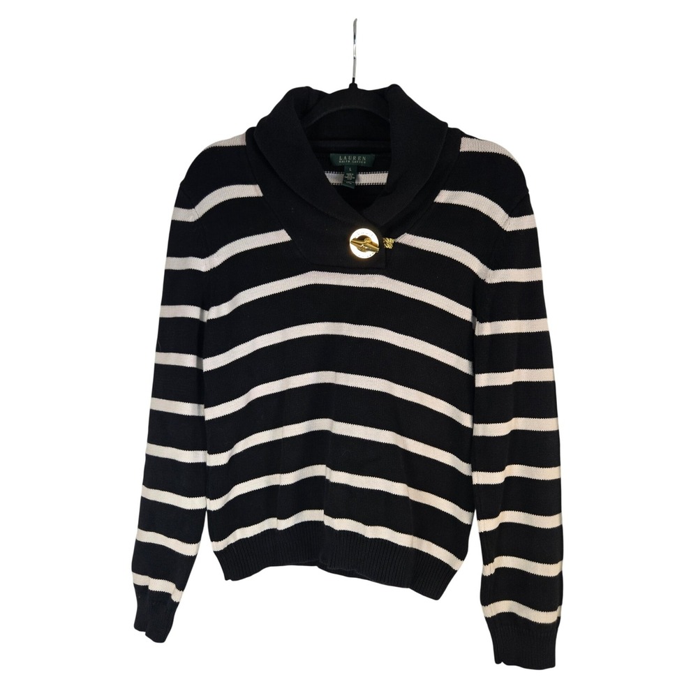 Lauren Ralph Lauren Large Striped Knit Sweater‎ Shawl Collar Gold Hardware